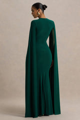 Isla | Bottle Green Crew-Neck Maxi Dress With Cape Sleeve