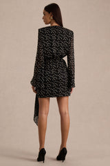 Mela | Black And White Polka Dot Plunge-Neck Mini Dress With Bell-Sleeves And Sash Detail
