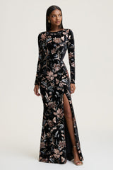 Lyric | Black Floral Velvet And Sequin Embellished Crew-Neck Maxi Dress