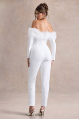 Ales | White Bardot Tailored Straight-Leg Jumpsuit With Feather Trim