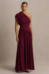 Kelsey | Burgundy Asymmetric-Neck Maxi Dress With Ruched Detailing