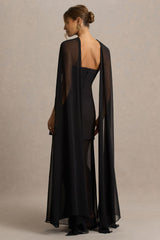 Chessa | Black Slashed-Neck Maxi Dress With Sheer Cape
