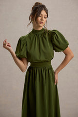 Persea | Olive Satin Puff-Sleeve Midi Dress With Bow