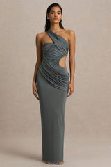 Serefine | Grey Asymmetric-Neck Maxi Dress With Body Cut-Out