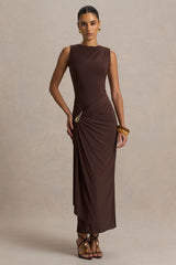Fiora | Brown Wide-Neck Maxi Dress With Gathered Detail