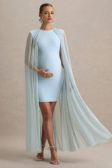 Charlene | Powder Blue High-Neck Maternity Mini Dress With Mesh Cape