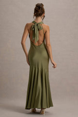 Amelita | Khaki Satin Cowl-Neck Maxi Dress