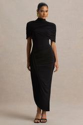 Enchant | Black Asymmetric Twisted Cape Midi Dress