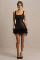 Rosalinda | Black Sequin Square-Neck Mini Dress With Feather Trim