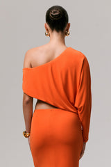 Dua | Orange Asymmetric One-Sleeve Draped Top