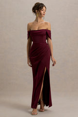 Annie | Burgundy Satin Bardot Maxi Dress With Split Wrap Skirt