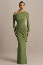 Perrie | Olive Asymmetric-Neck Maxi Dress With Ruched Detailing