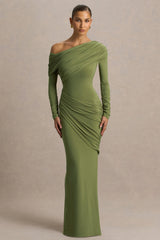 Perrie | Olive Asymmetric-Neck Maxi Dress With Ruched Detailing