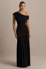 Kady | Black Asymmetric-Neck Maxi Dress With Ruched Detailing and Front-High Split