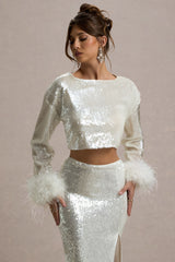 Solita | Sand Sequin Long-Sleeve Crop Top With Feather Trim