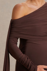 Cyra | Brown Bardot-Neck Maternity Maxi Dress With Sash