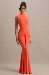 Graziana | Coral High-Neck Gathered Draped Maxi Dress