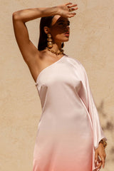 Jayla | Red Ombre Satin Asymmetric Maxi Dress With Long-Sleeve