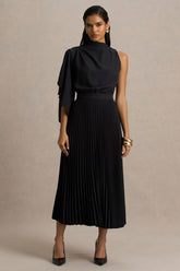 Jimena | Black High-Neck Midi Dress With One-Long Sleeve And Pleated Detailing