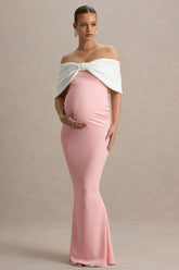 Libra | Pink & White Bow Bardot Maternity Maxi Dress
