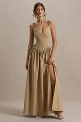 Comet | Tan Linen Maxi Dress with Plunge Neckline and Front High Split