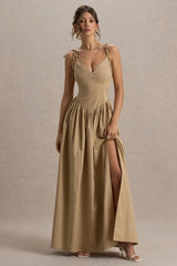 Comet | Tan Linen Maxi Dress with Plunge Neckline and Front High Split