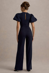Dillon | Navy Puff-Sleeve Straight-Leg Jumpsuit