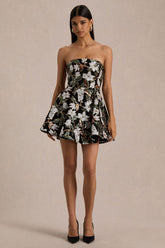 Sparky | Black And Bronze Floral Embellished Bandeau Mini Dress