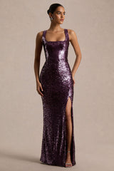 High Life | Plum Sequin Square-Neck Maxi Dress With Front-High Split