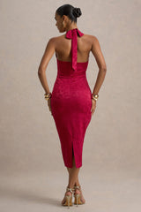 Aine | Red Satin Jacquard Cowl-Neck Midi Dress