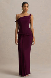 Tulisa | Burgundy Asymmetric-Neck Maxi Dress With Twist Sleeves And Ruched Detailing