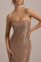 Lilabelle | Rose Gold Plisse Sequin Bandeau Midi Dress