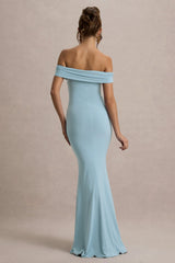 Law of Attraction | Powder Blue Bardot Draped Split Maxi Dress