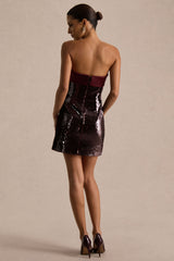 Casandra | Burgundy Sequin Bandeau Mini Dress With Satin Trim