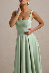 Parina | Light Green Strappy Volume-Hem Midi Dress