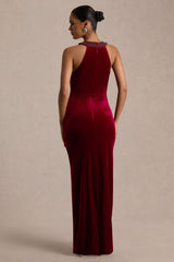 Darya | Burgundy Velvet Embellished High-Neck Maxi Dress