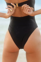 Daisy Delight | Black & White Halter-Neck Swimsuit With Corsage