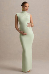 Kienna | Light Green Ruched High-Neck Maternity Maxi Dress