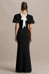 Carolina | Black Puff-Sleeve Maxi Dress With White Bow Detail