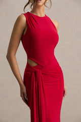 Neile | Red Crew-Neck Maxi Dress With Cut-Out and Sash Details