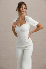 Simone | White Sweetheart Short-Sleeve Wide-Leg Jumpsuit