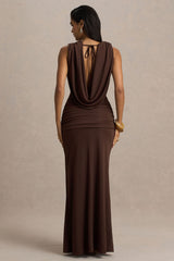 Serafina | Chocolate Extreme-Plunge Neck Maxi Dress With Wrap And Ruched Details