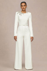 Prize | Cream Crew-Neck Jumpsuit With Embellishment Detail
