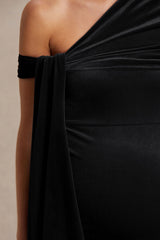 Zena | Black Velvet Asymmetric-Neck Maternity Midi Dress With Knot And Sash Detail