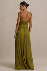 Azalea | Green Square-Neck Maxi Dress With Chest Cut-Out And Pleated Detailing