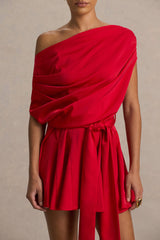 Clydie | Red Satin Asymmetric Playsuit With Tie-Waist
