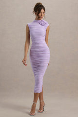 Bridget | Lilac High-Neck Gathered Midi Dress With Floral Detail
