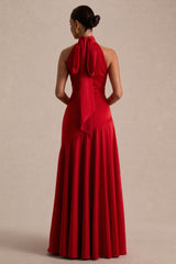 Luscious | Red High-Neck Maxi Dress With Drop-Waist And Bow Detail