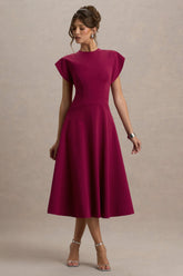 Linda | Dark Cherry Crew-Neck Cap-Sleeve Midi Dress