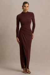 Zephyra | Brown High-Neck Wrapped Maxi Dress